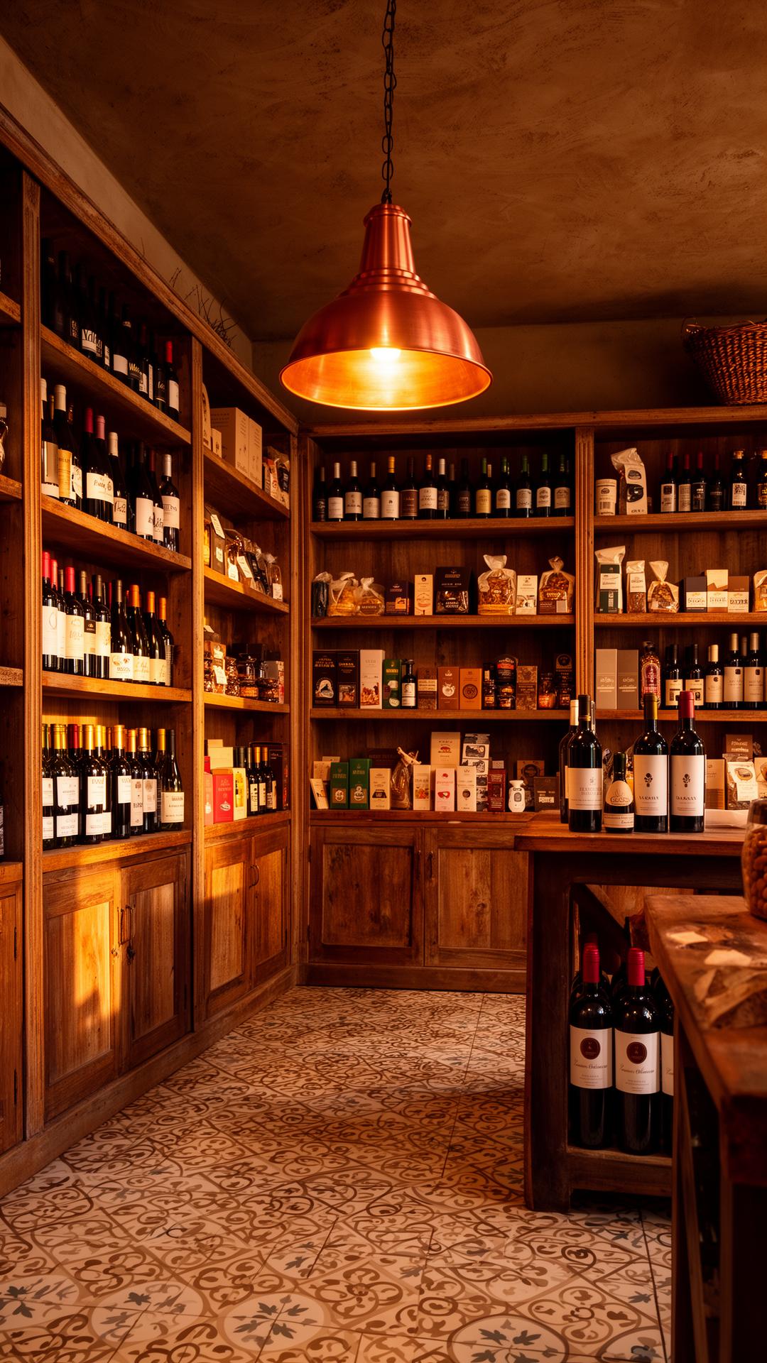 Interior do empório com prateleiras de vinhos